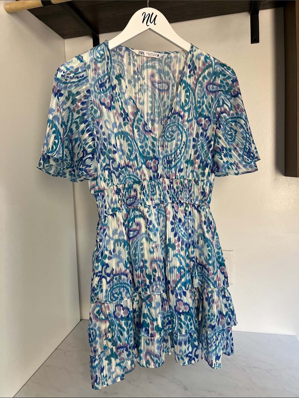 Zara Teal, Blue & White Paisley V-Neck Mini Dress